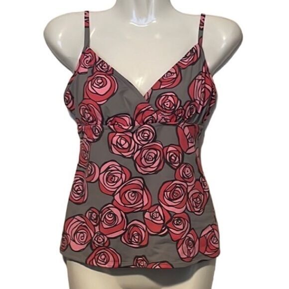 Garnet Hill women’s tankini top Size 2 Floral Gray Pink Adjustable straps‎ - Picture 1 of 9